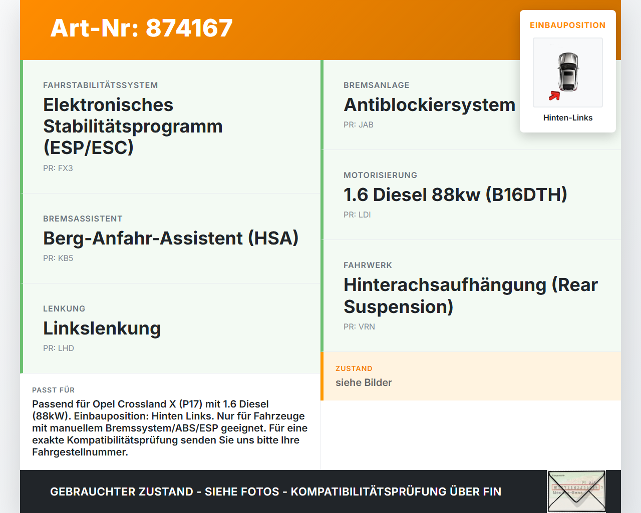 Opel Crossland X P17 17-20 TD 1,6 88KW Bremssattel Bremszange Hinten Links Opel Crossland X P17 17-20 21.02.2018... Vorschau 3