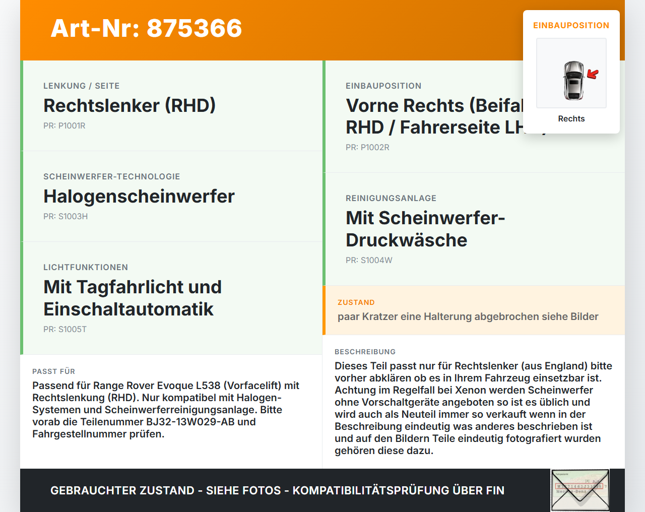 Range Rover Evoque L538 11-15 RHD Scheinwerfer Frontscheinwerfer Rechts orig. Range Rover Evoque L538 11-15... Vorschau 3