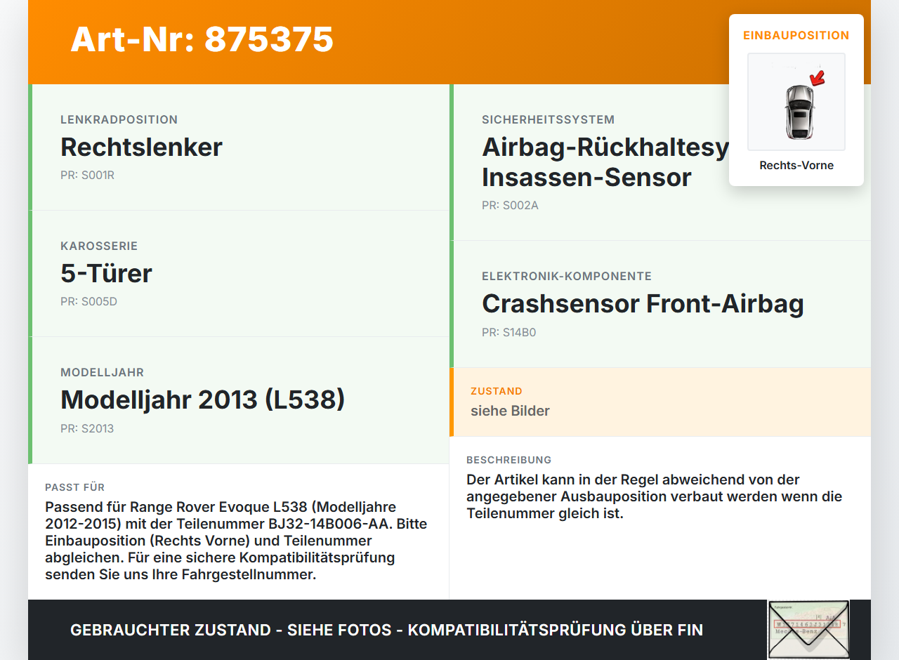 Range Rover Evoque L538 11-15 Sensor für Airbag Crashsensor Airbagsensor Rechts Vorne Range Rover Evoque L538 11-15... Vorschau 3