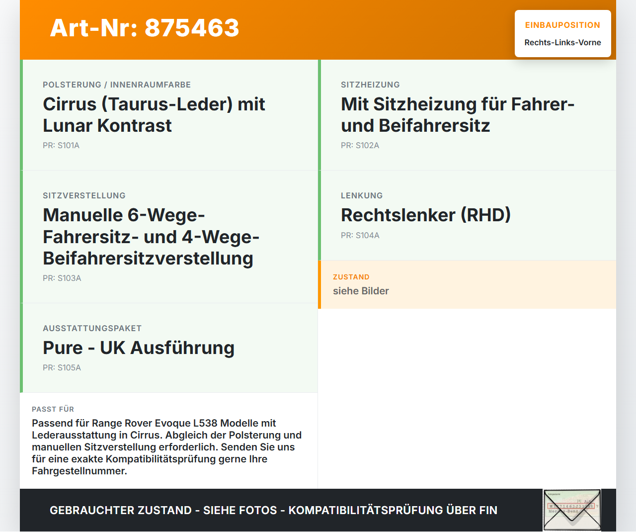 Range Rover Evoque L538 11-15 Kopfstütze für Fahrer Sitz Rechts oder Links Vorne Range Rover Evoque L538 11-15... Vorschau 3