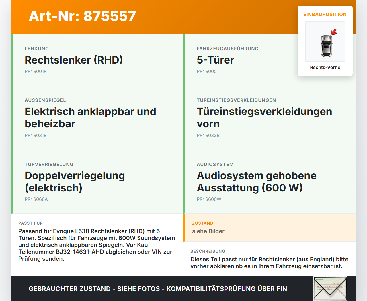 Range Rover Evoque L538 11-15 Kombi RHD Kabelbaum für Tür und Fensterheber Rechts Vorne Range Rover Evoque L538... Vorschau 3
