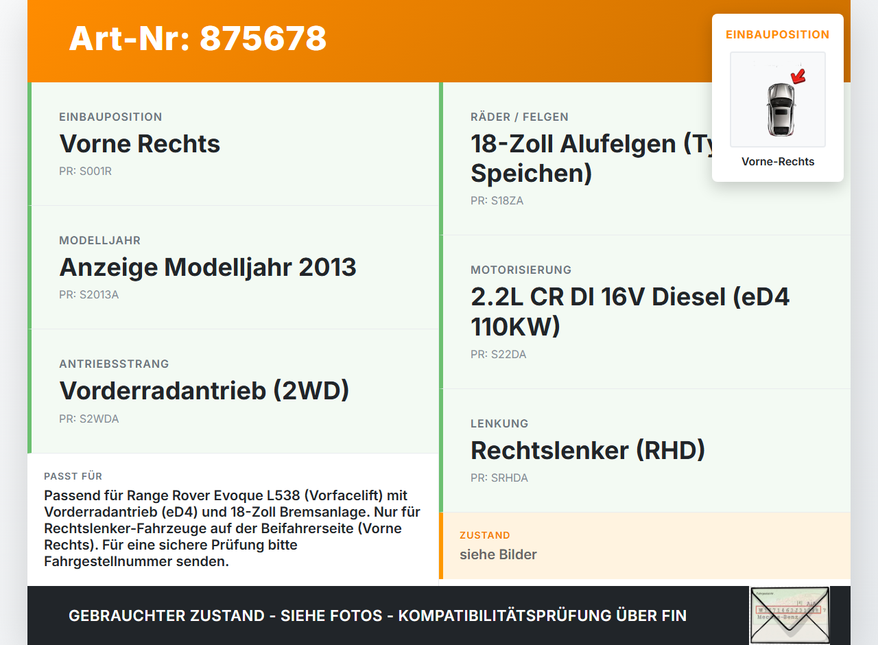 Range Rover Evoque L538 11-15 eD4 2,2 110KW Bremssattel Bremszange Vorne Rechts Range Rover Evoque L538 11-15... Vorschau 3
