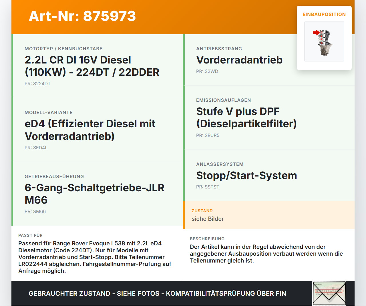 Range Rover Evoque L538 11-15 eD4 2,2 110KW 224DT 22DDER Kolben mit Pleuel Pos D Range Rover Evoque L538 11-15... Vorschau 3