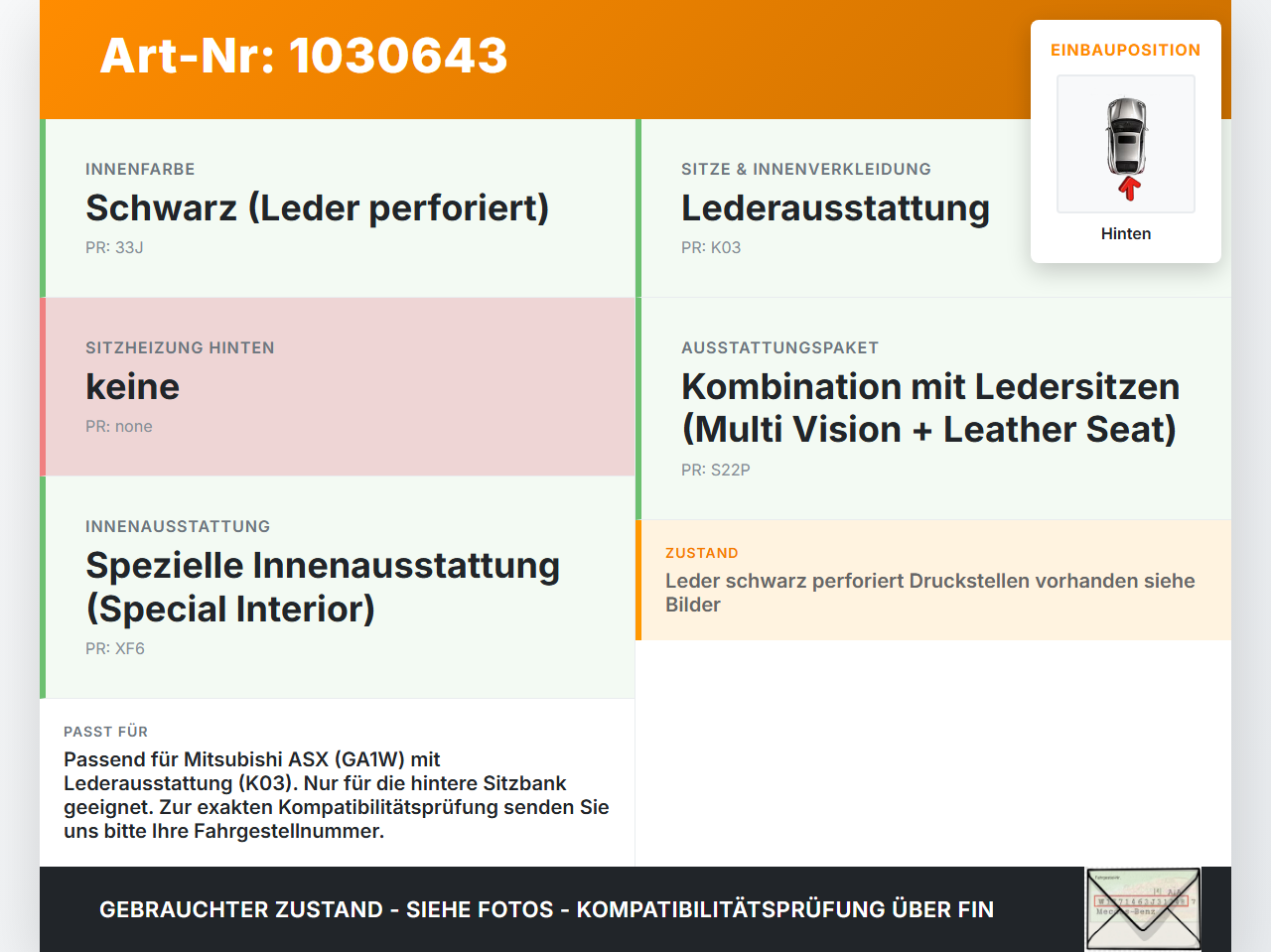 Mitsubishi ASX GAW 16-19 Sitzbezug Sitzpolster für Rücksitzbank Hinten Leder Mitsubishi ASX GAW 16-19 15.09.2017... Vorschau 3
