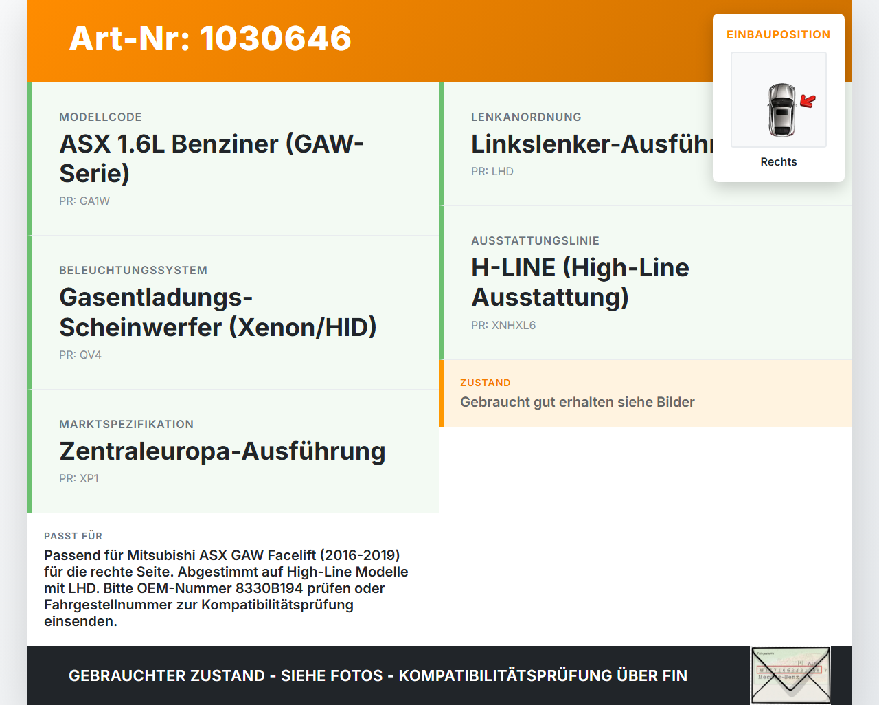 Mitsubishi ASX GAW 16-19 Rückleuchte Rücklicht Heckleuchte Rechts orig Mitsubishi ASX GAW 16-19 15.09.2017 8330B194... Vorschau 3
