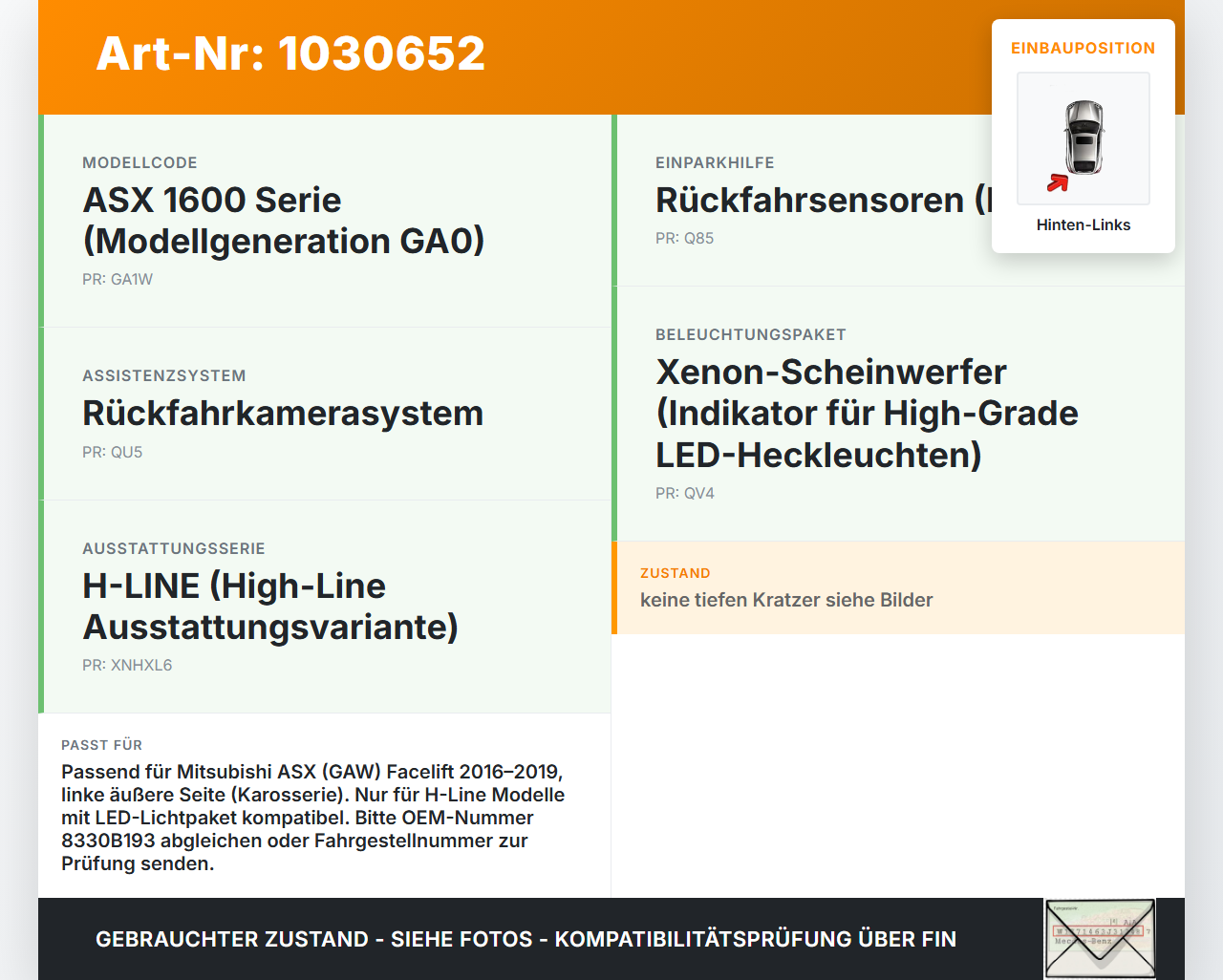 Mitsubishi ASX GAW 16-19 Rückleuchte Heckleuchte Hinten Links Aussen Mitsubishi ASX GAW 16-19 15.09.2017 8330B193... Vorschau 3