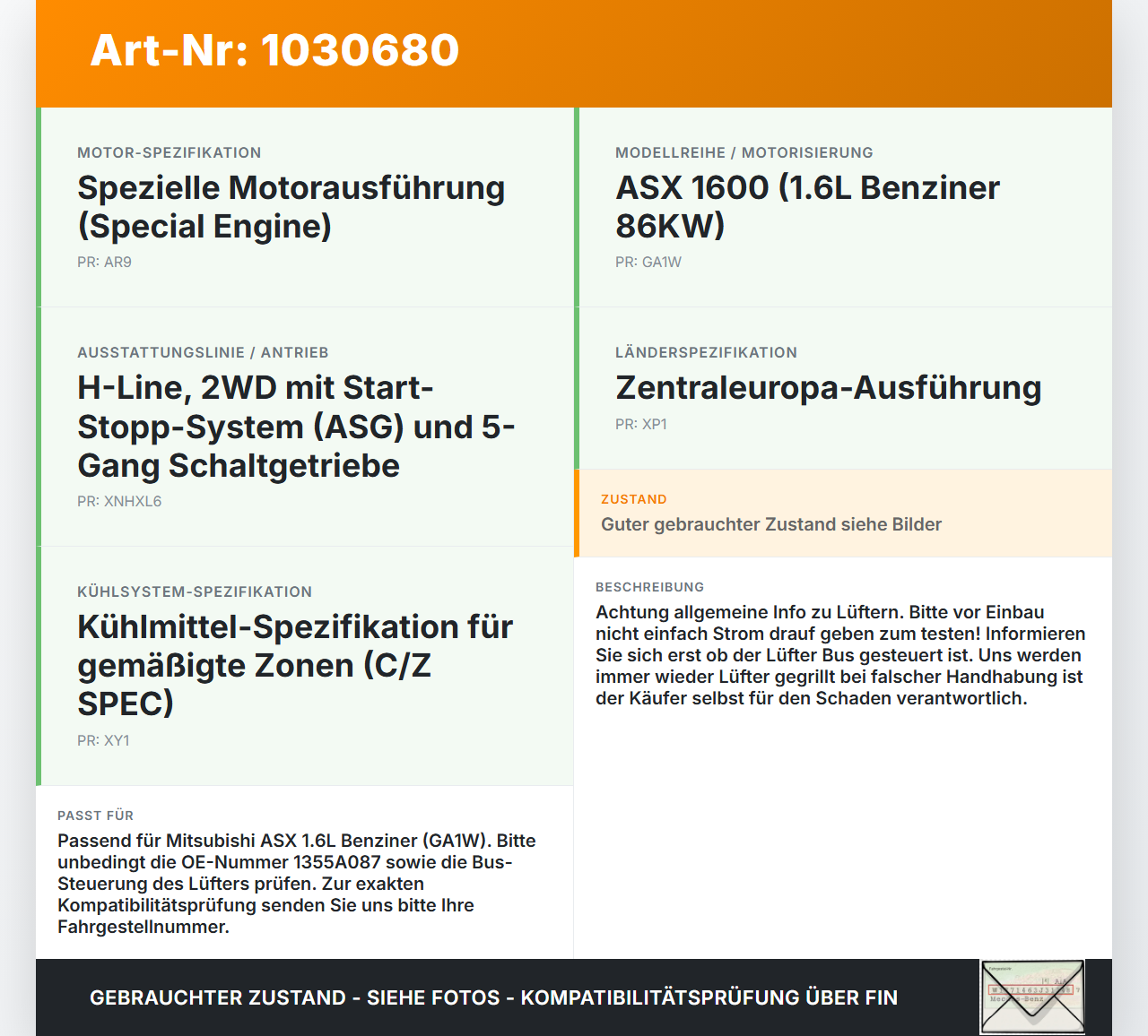 Mitsubishi ASX GAW 16-19 1,6 86KW Lüfter Ventilator f. Kühler Mitsubishi ASX GAW 16-19 15.09.2017 1355A087 gebraucht Vorschau 3