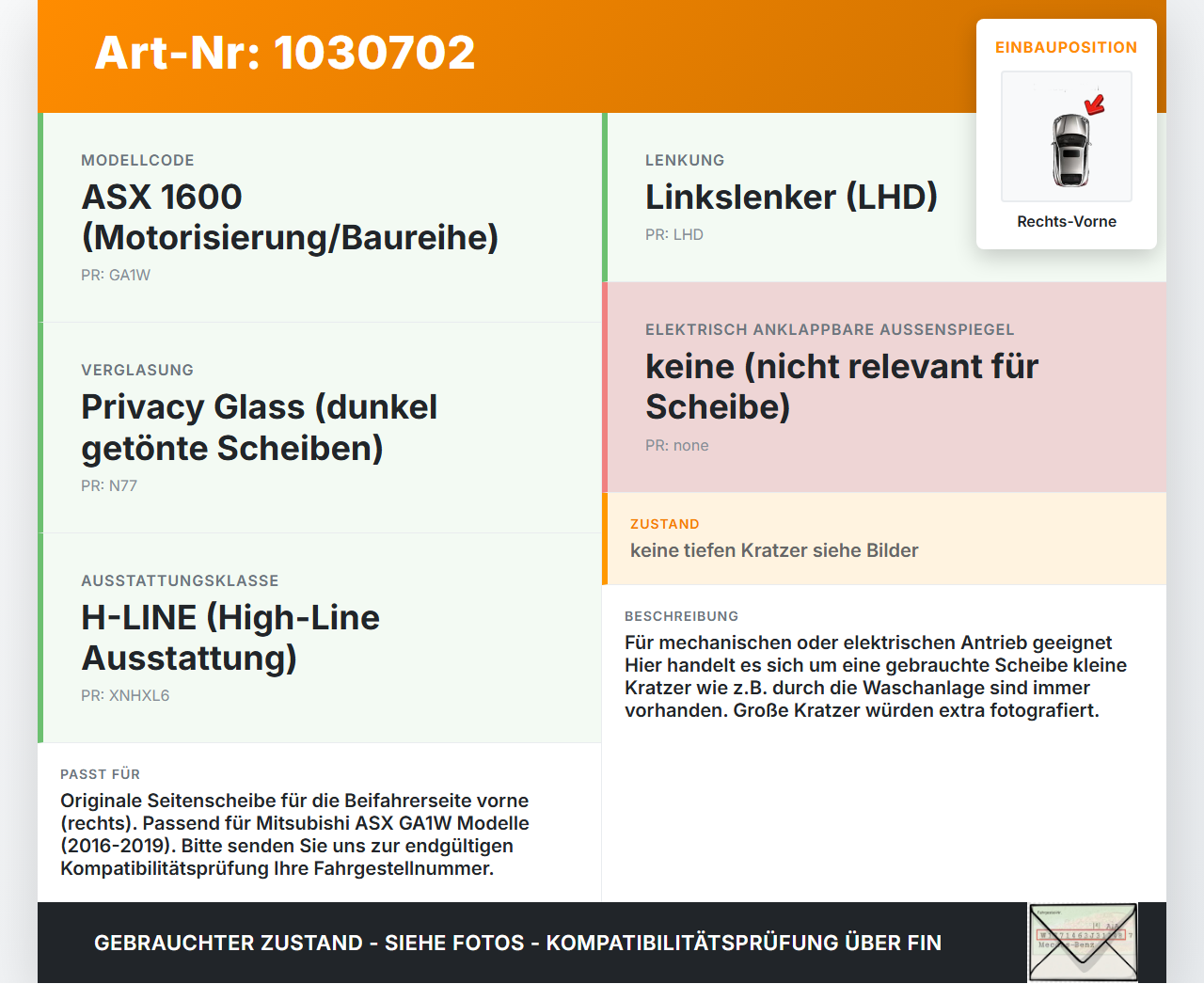 Mitsubishi ASX GAW 16-19 Seitenscheibe RVK Türscheibe Rechts Vorne Mitsubishi ASX GAW 16-19 15.09.2017 5706A876... Vorschau 3