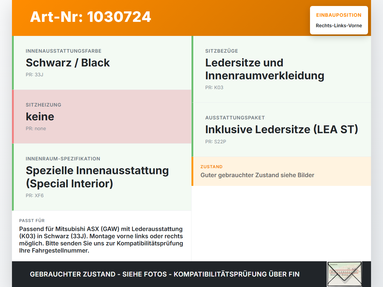Mitsubishi ASX GAW 16-19 Kopfstütze für Fahrer Sitz Rechts oder Links Vorne Mitsubishi ASX GAW 16-19 15.09.2017... Vorschau 3