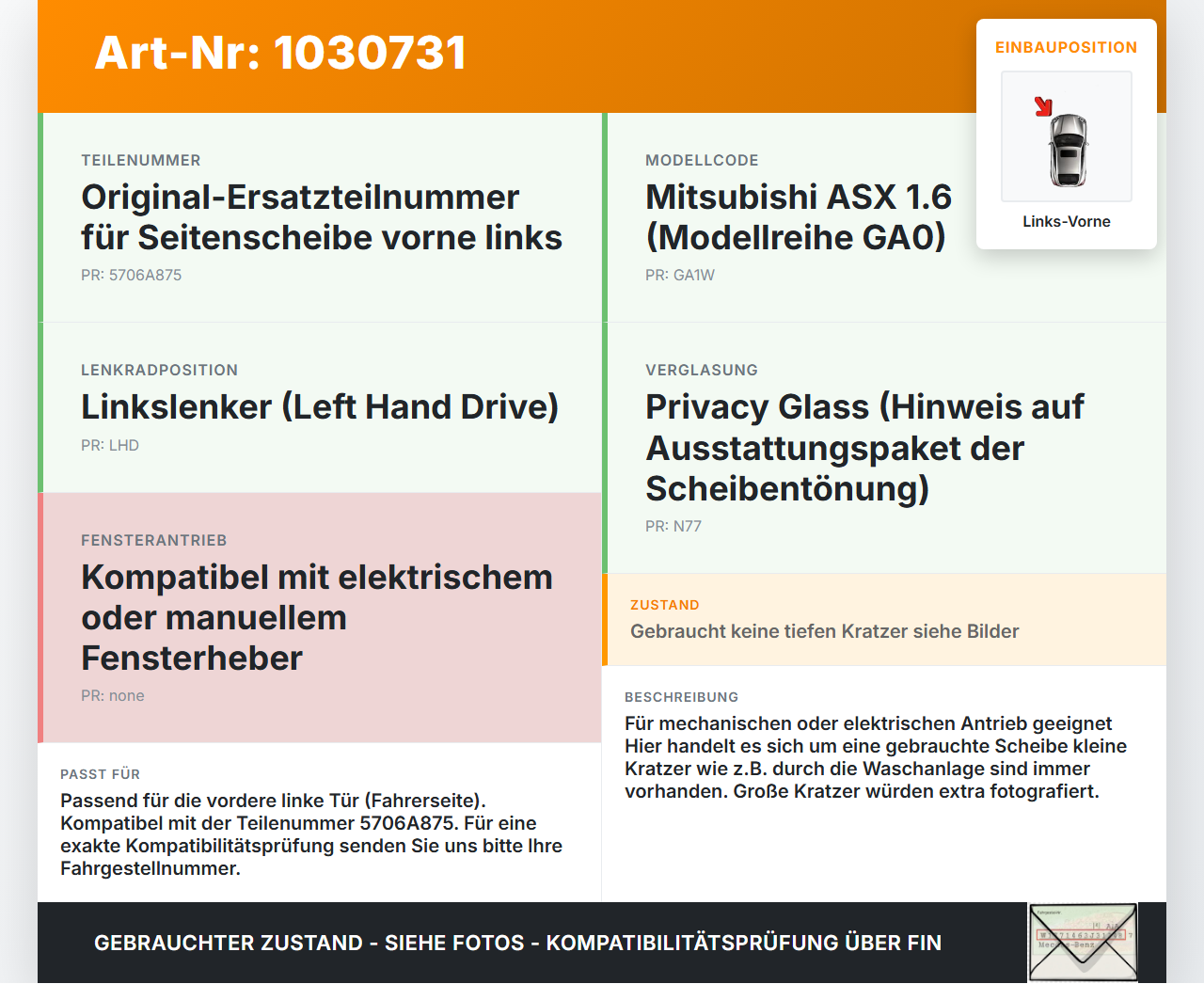 Mitsubishi ASX GAW 16-19 Seitenscheibe LVK Fenster Türscheibe Links Vorne Mitsubishi ASX GAW 16-19 15.09.2017... Vorschau 3