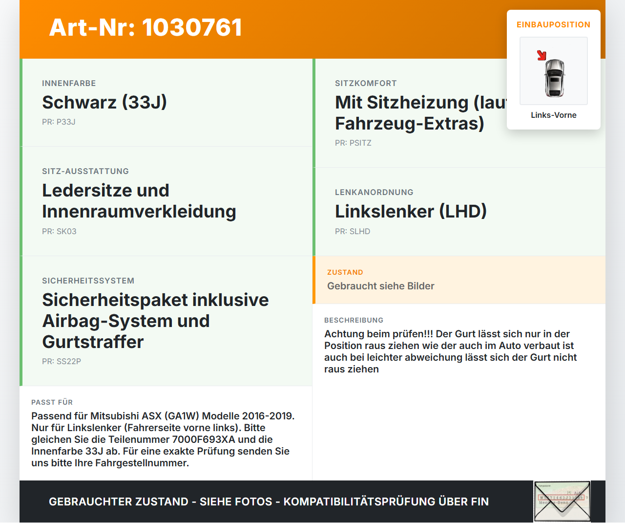 Mitsubishi ASX GAW 16-19 Gurt Sicherheitsgurt m. Gurtstraffer für Fahrer Links Vorne Mitsubishi ASX GAW 16-19... Vorschau 3