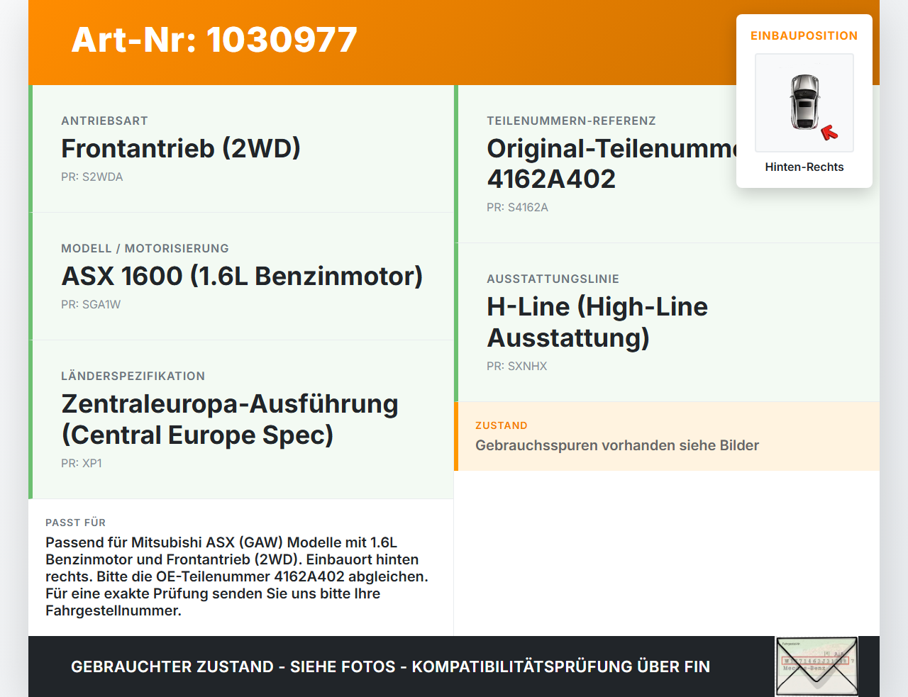 Mitsubishi ASX GAW 16-19 Stossdämpfer Federbein Hinten Rechts Mitsubishi ASX GAW 16-19 15.09.2017 4162A402 gebraucht Vorschau 3