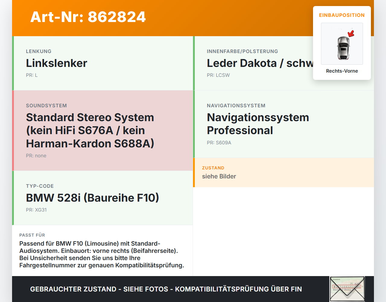 BMW F10 528i 10-13 Lautsprecher Rechts Vorne BMW F10 528i 10-13 07.10.2011 8715683 65138715683 gebraucht Vorschau 3