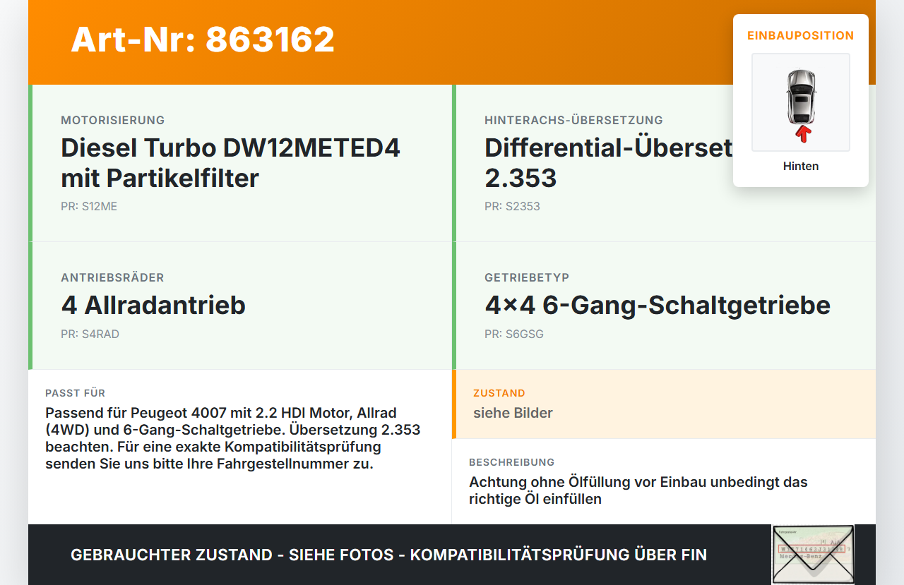 Peugeot 4007 GP 07-12 HDI 2,2 115KW 4WD Differential Hinterachsgetriebe Hinten 2.353 Peugeot 4007 GP 07-12... Vorschau 3