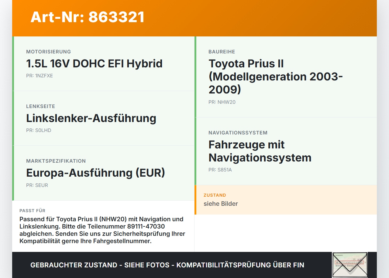 Toyota Prius II 05-09 Steuergerät Gateway Modul Toyota Prius II 05-09 23.03.2005 8911147030 89111-47030 232400-5091... Vorschau 3