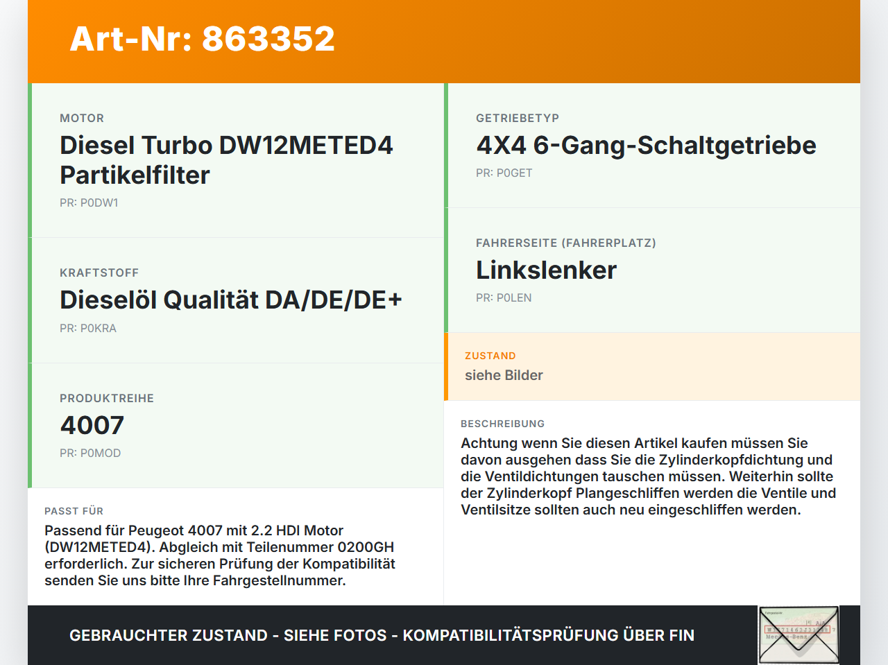 Peugeot 4007 GP 07-12 HDI 2,2 115KW DW12METED4 Zylinderkopf Peugeot 4007 GP 07-12 01.12.2008 0200GH gebraucht Vorschau 3