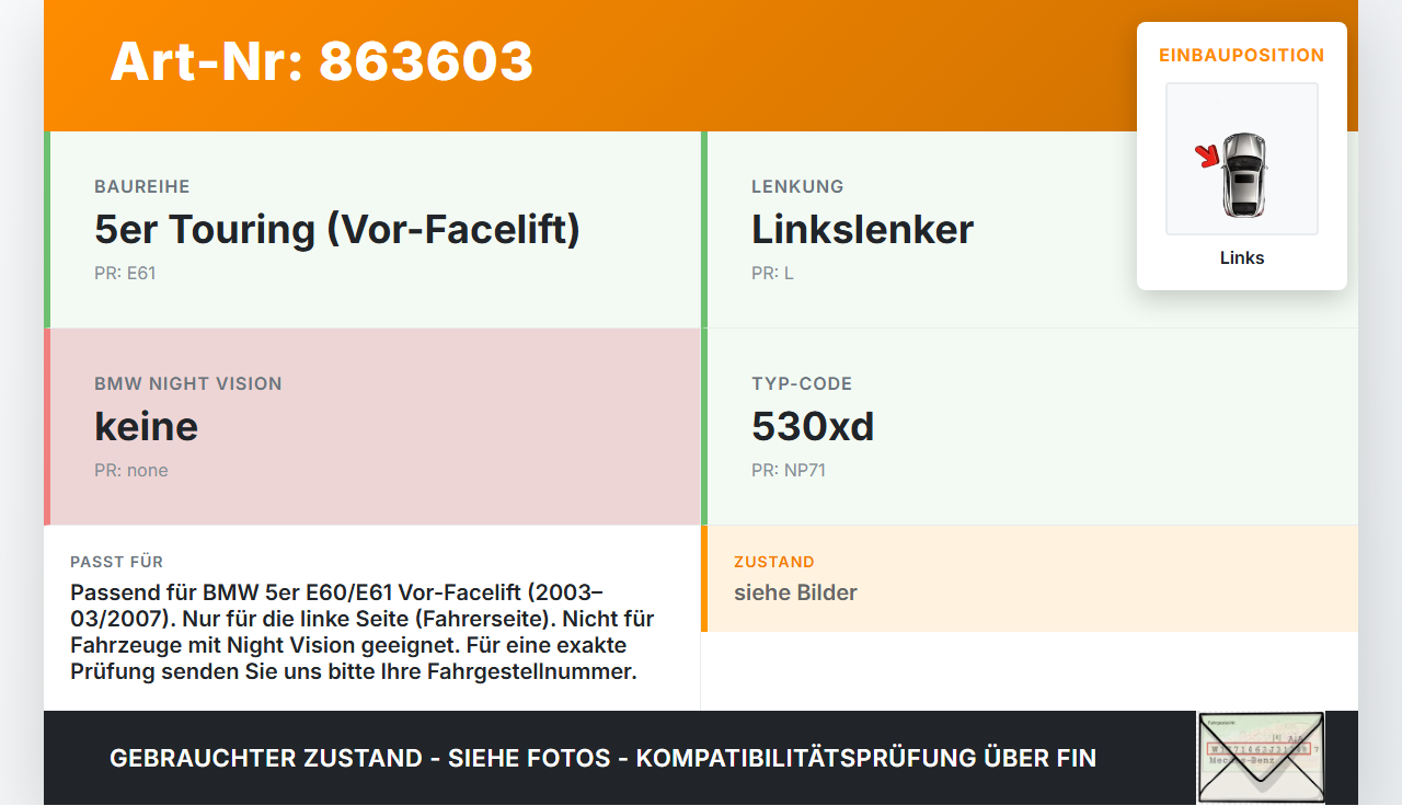 BMW 5er 530XD E61 03-07 Frontgrill Kühlergrill Niere Grill Links BMW 5er 530XD E61 03-07 02.11.2005 7065701... Vorschau 3
