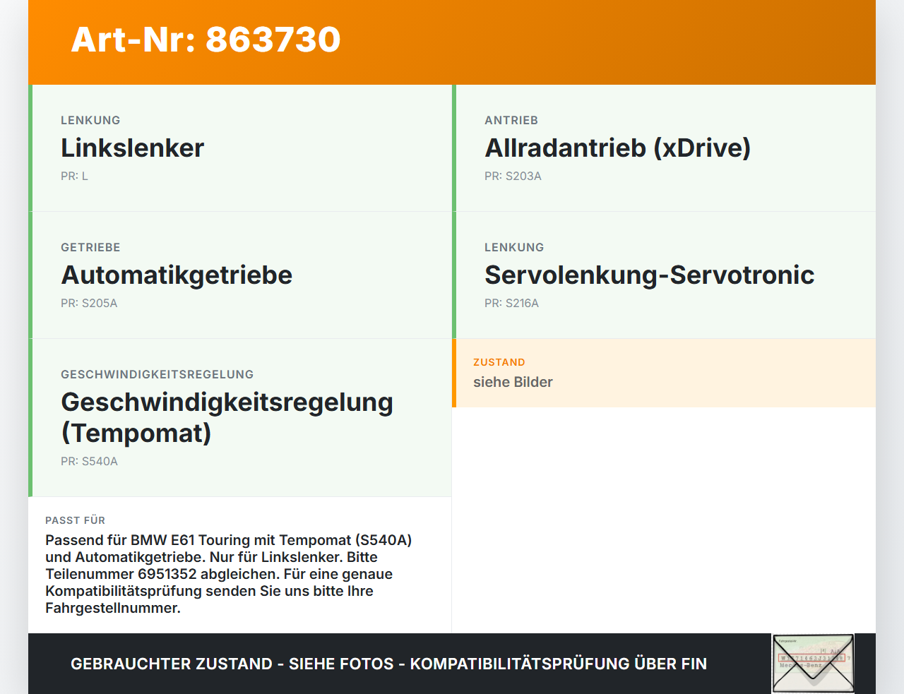 BMW 5er 530XD E61 03-07 Lenkstockschalter Tempomat Bedienung BMW 5er 530XD E61 03-07 02.11.2005 61316951352 1306150... Vorschau 3