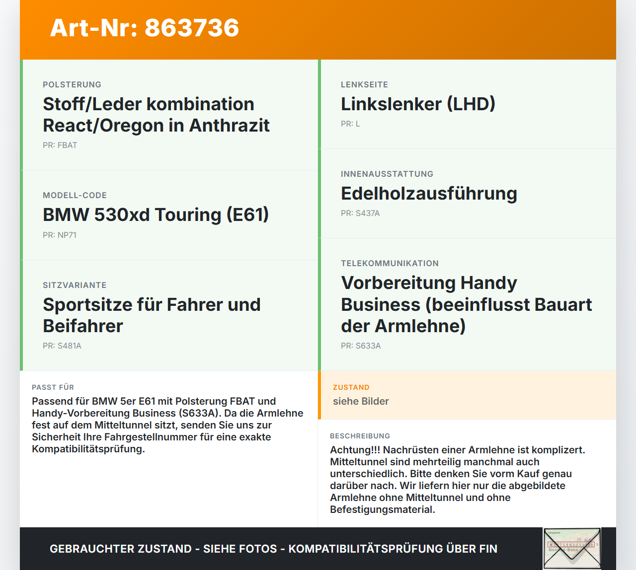 BMW 5er 530XD E61 03-07 Armlehne Mittelarmlehne Auflage BMW 5er 530XD E61 03-07 02.11.2005 gebraucht Vorschau 3