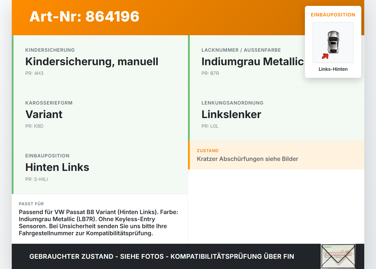 VW Passat 3G B8 14-19 Kombi Türgriff Griff aussen Links Hinten LB7R VW Passat 3G B8 14-19 07.11.2017 510837811... Vorschau 3