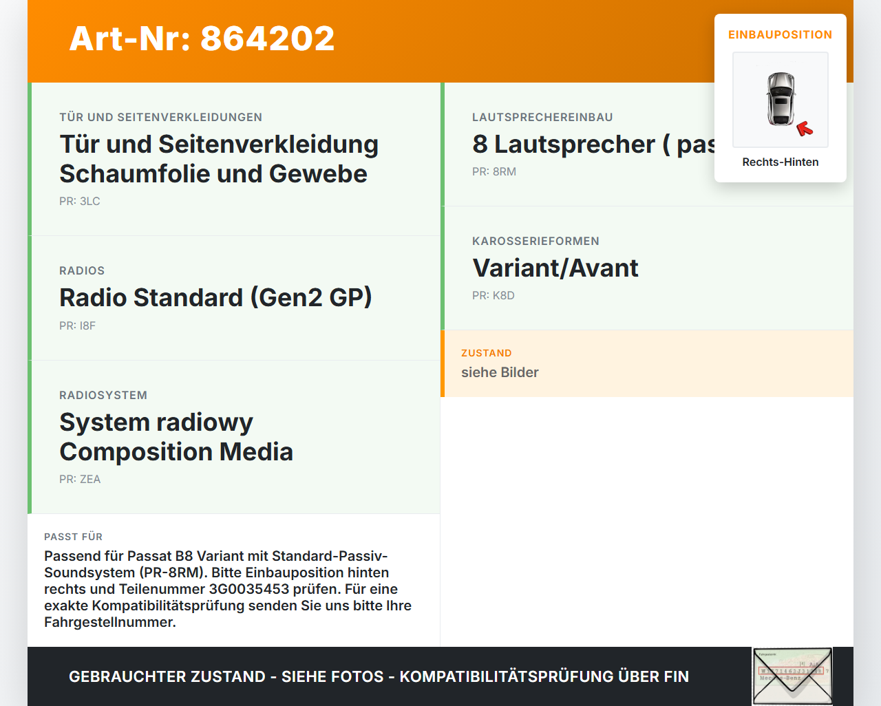 VW Passat 3G B8 14-19 Kombi Lautsprecher Rechts Hinten VW Passat 3G B8 14-19 07.11.2017 3G0035454 3G0035453 gebraucht Vorschau 3