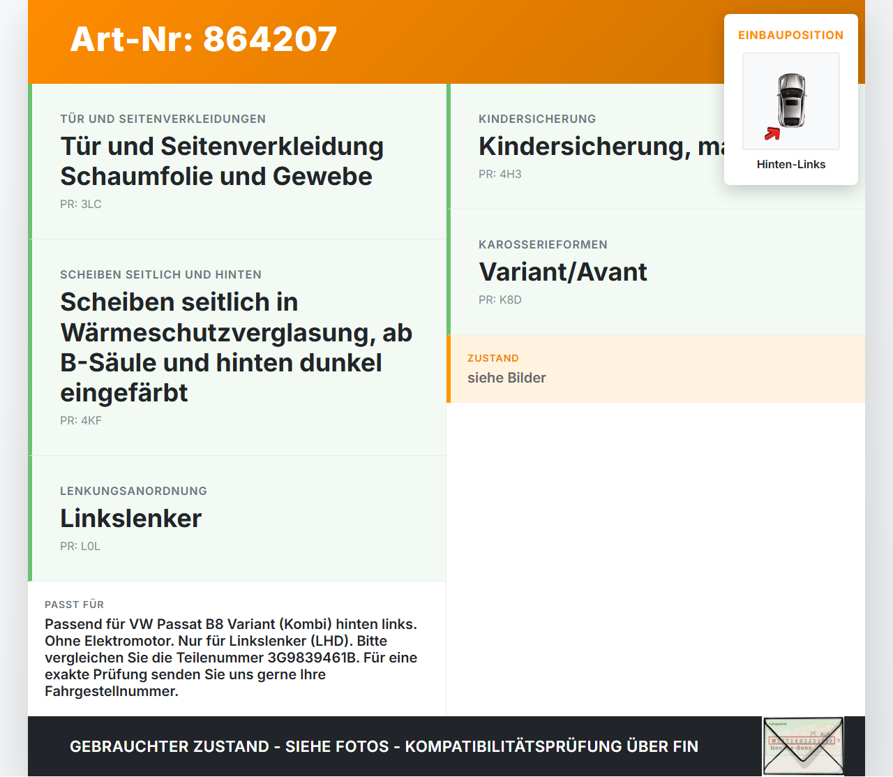 VW Passat 3G B8 14-19 Kombi Fensterheber o. FH-Motor Hinten Links VW Passat 3G B8 14-19 07.11.2017 3G9839461B... Vorschau 3