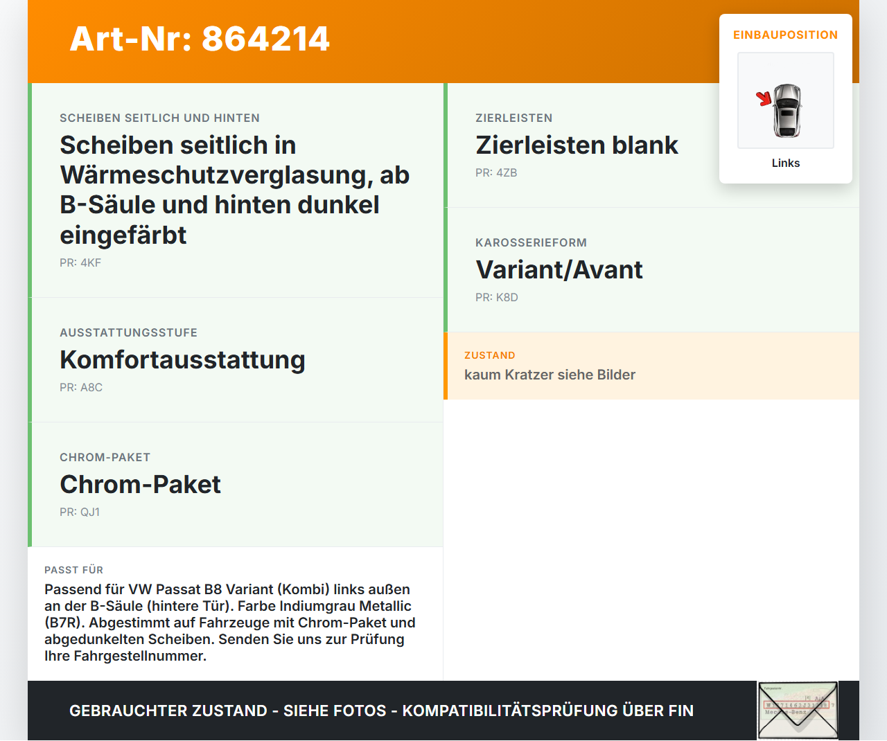 VW Passat 3G B8 14-19 Kombi Verkleidung für B-Säule Links aussen LB7R VW Passat 3G B8 14-19 07.11.2017 3G0805969E... Vorschau 3