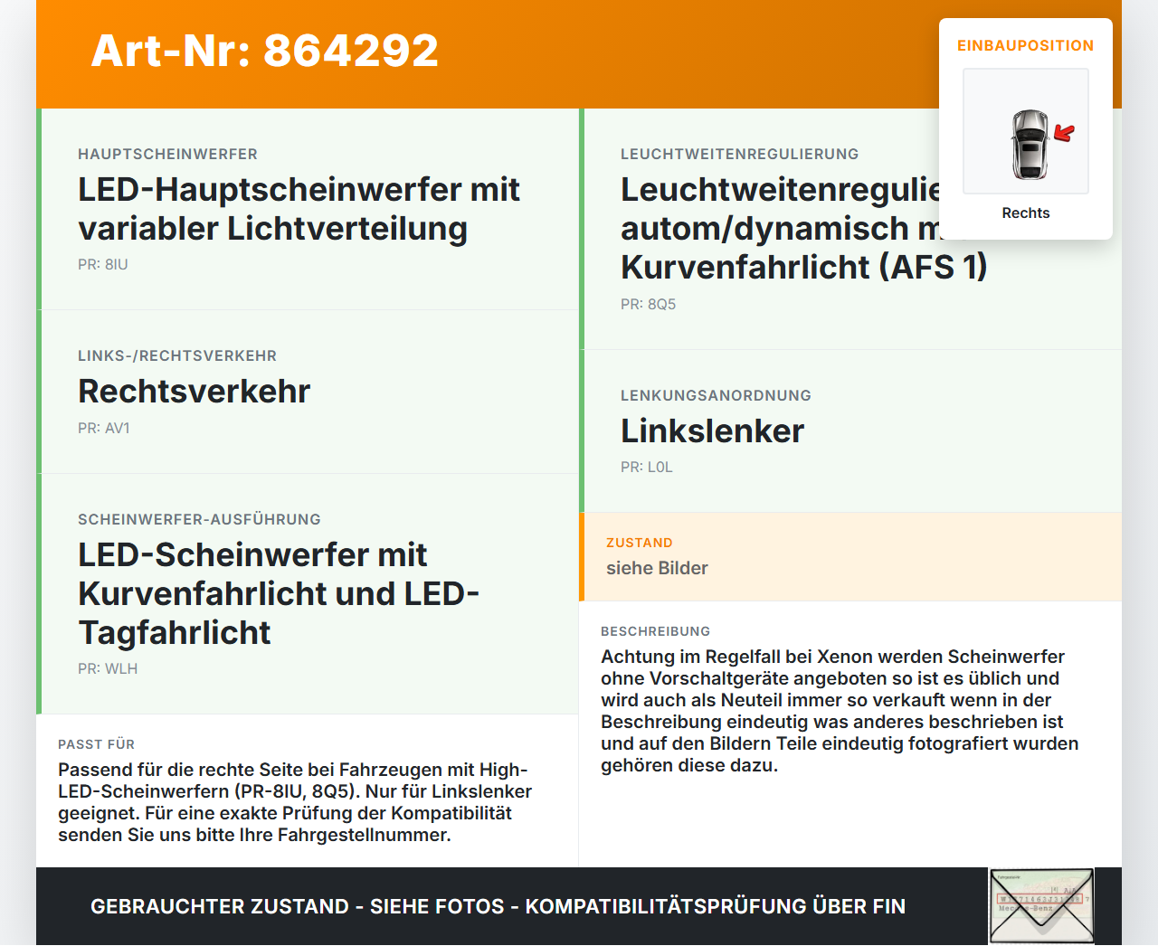 VW Passat 3G B8 14-19 LED Einheit für Scheinwerfer Rechts VW Passat 3G B8 14-19 07.11.2017 A17284008442 3G0998476B... Vorschau 3
