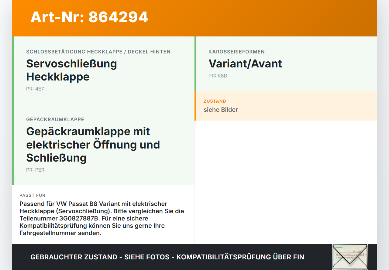 VW Passat 3G B8 14-19 Stellmotor Elektr. Zuziehhilfe für Heckklappe VW Passat 3G B8 14-19 07.11.2017 3G0827887B... Vorschau 3