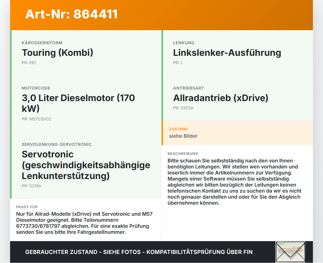 BMW 5er 530XD E61 03-07 3,0D 170KW Servo Schlauch Servoleitung BMW 5er 530XD E61 03-07 02.11.2005 6773730... Vorschau 3