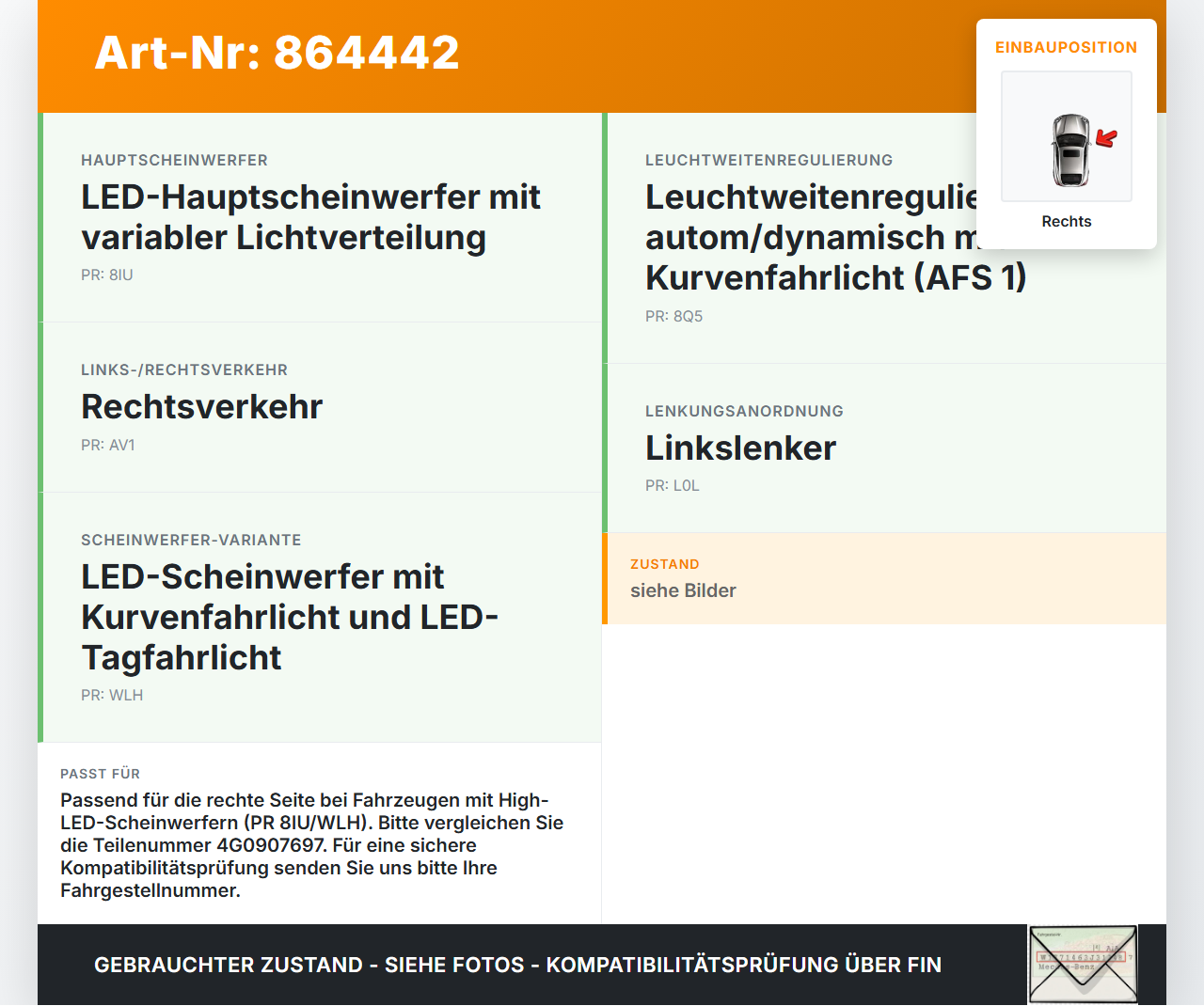 VW Passat 3G B8 14-19 Xenon Vorschaltgerät Rechts VW Passat 3G B8 14-19 07.11.2017 4G0907697F 4G0907697 28548046... Vorschau 3