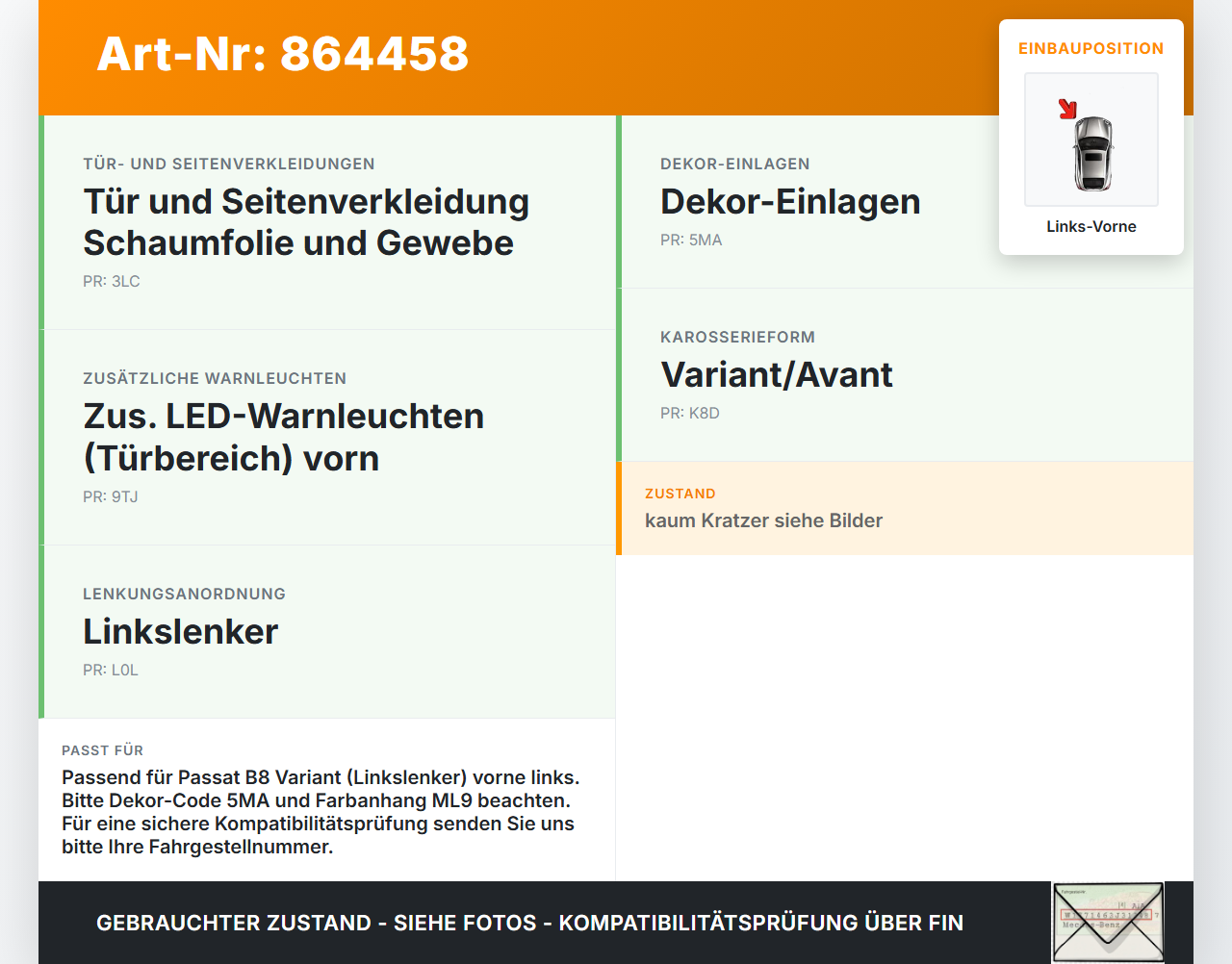 VW Passat 3G B8 14-19 Kombi Türleiste Links Vorne Innen LB7R VW Passat 3G B8 14-19 07.11.2017 3G1853261N... Vorschau 3