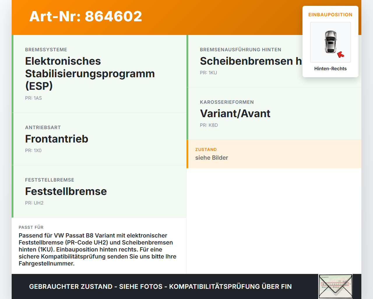 VW Passat 3G B8 14-19 TSI 1,4 110KW Stellmotor Parkbremse Bremssattel Hinten Rechts VW Passat 3G B8 14-19... Vorschau 3