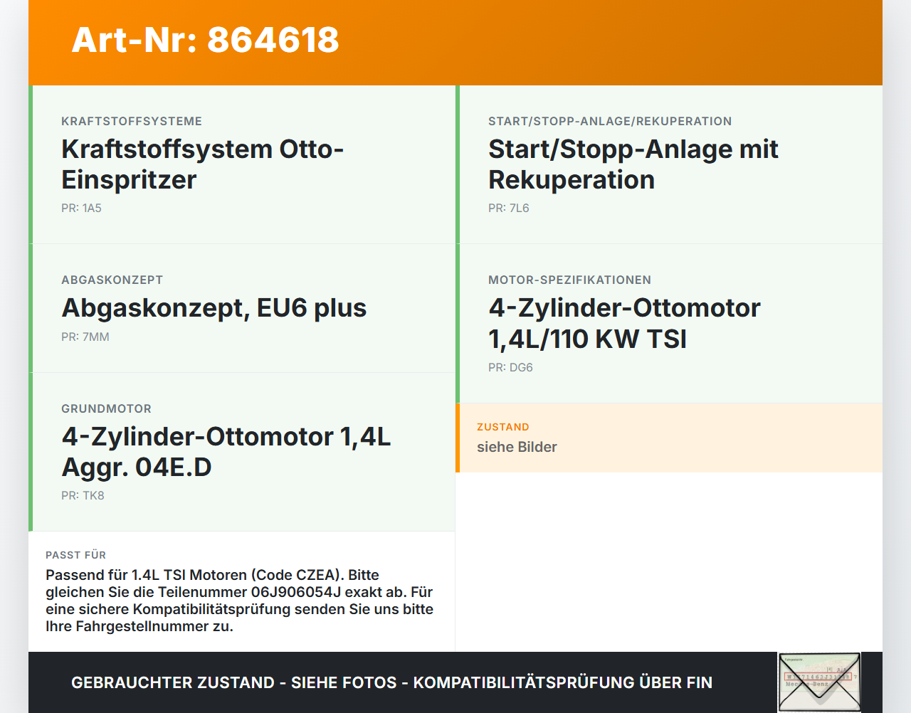 VW Passat 3G B8 14-19 TSI 1,4 110KW Railsensor Drucksensor VW Passat 3G B8 14-19 07.11.2017 06J906054J gebraucht Vorschau 3