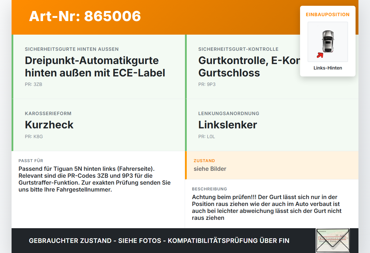 VW Tiguan I 5N 11-16 Gurt Sicherheitsgurt m. Gurtstraffer Fahrer Links Hinten VW Tiguan I 5N 11-16 18.12.2014... Vorschau 3