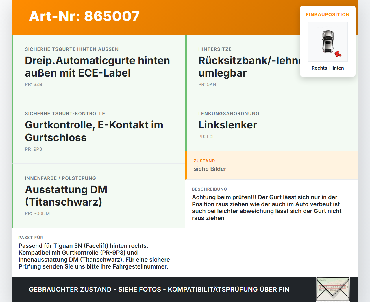 VW Tiguan I 5N 11-16 Gurt Sicherheitsgurt Rechts Hinten VW Tiguan I 5N 11-16 18.12.2014 5N0857806 gebraucht Vorschau 3