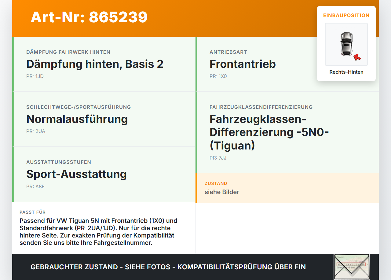 VW Tiguan I 5N 11-16 Stossdämpfer Rechts Hinten VW Tiguan I 5N 11-16 18.12.2014 5N0513049BE 5N0512011BR... Vorschau 3