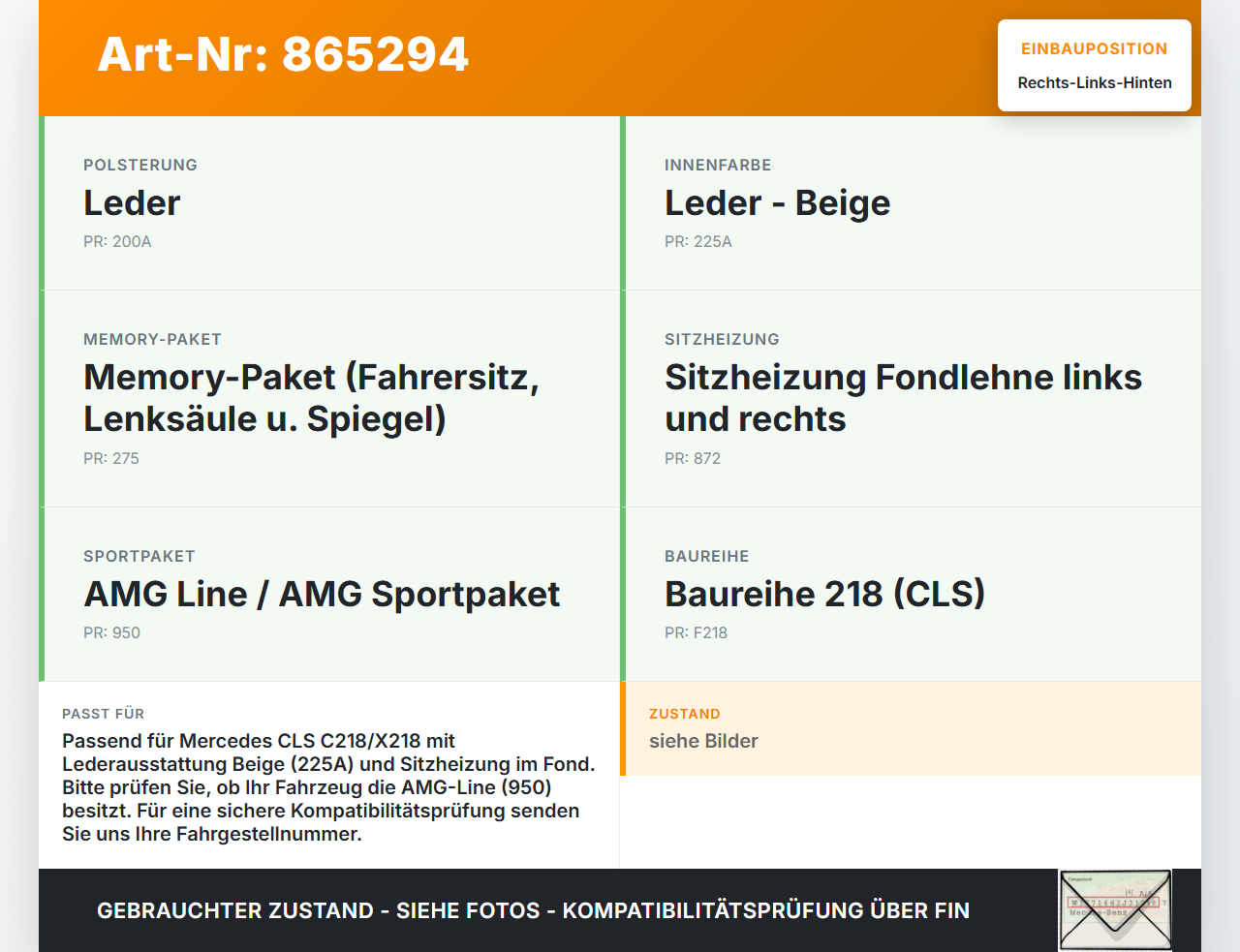 Mercedes CLS 250 C218 11-14 Leder Kopfstütze Rechts oder Links Hinten DESIGNO-PORCELLAIN Mercedes CLS 250 C218... Vorschau 3