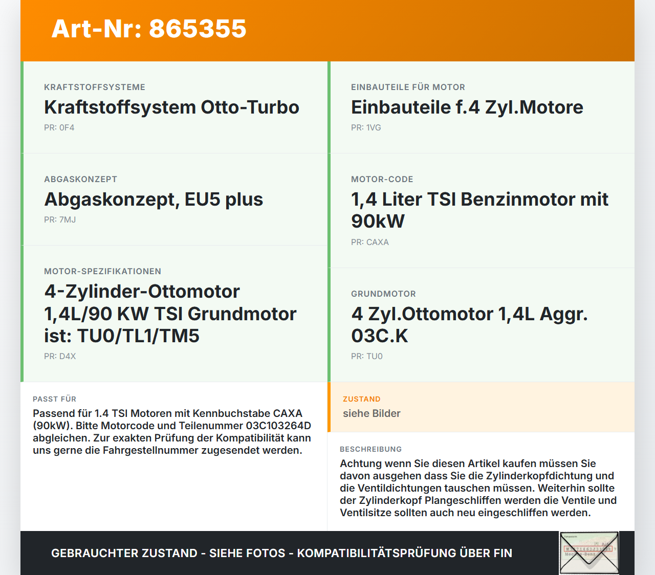 VW Tiguan I 5N 11-16 TSI 1,4 90KW CAXA Zylinderkopf VW Tiguan I 5N 11-16 18.12.2014 03C103264D gebraucht Vorschau 3