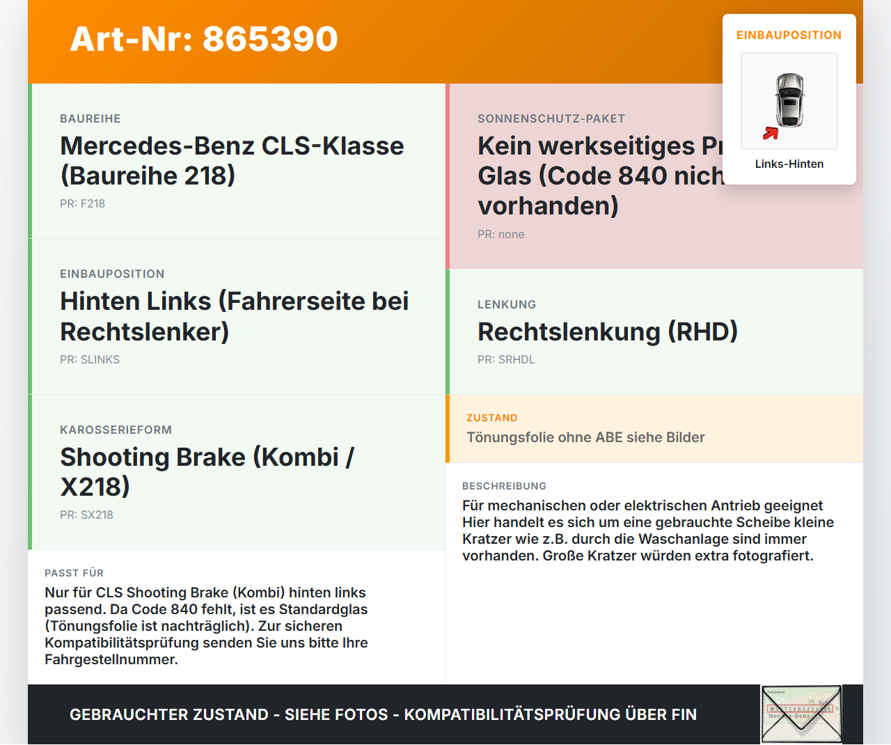 Mercedes CLS 250 C218 11-14 Kombi Seitenscheibe LHK für Tür Fenster Scheibe Links Hinten Mercedes CLS 250 C218... Vorschau 3