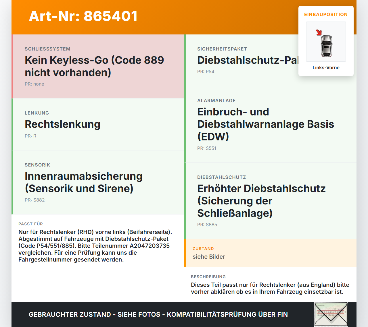 Mercedes CLS 250 C218 11-14 Kombi RHD Türschloss mit ZV Stellmotor Links Vorne Mercedes CLS 250 C218 11-14... Vorschau 3