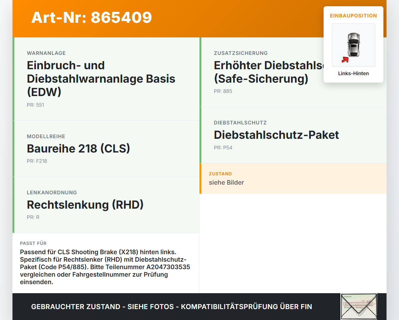 Mercedes CLS 250 C218 11-14 Kombi Türschloss m. ZV Stellmotor Links Hinten Mercedes CLS 250 C218 11-14 18.11.2013... Vorschau 3