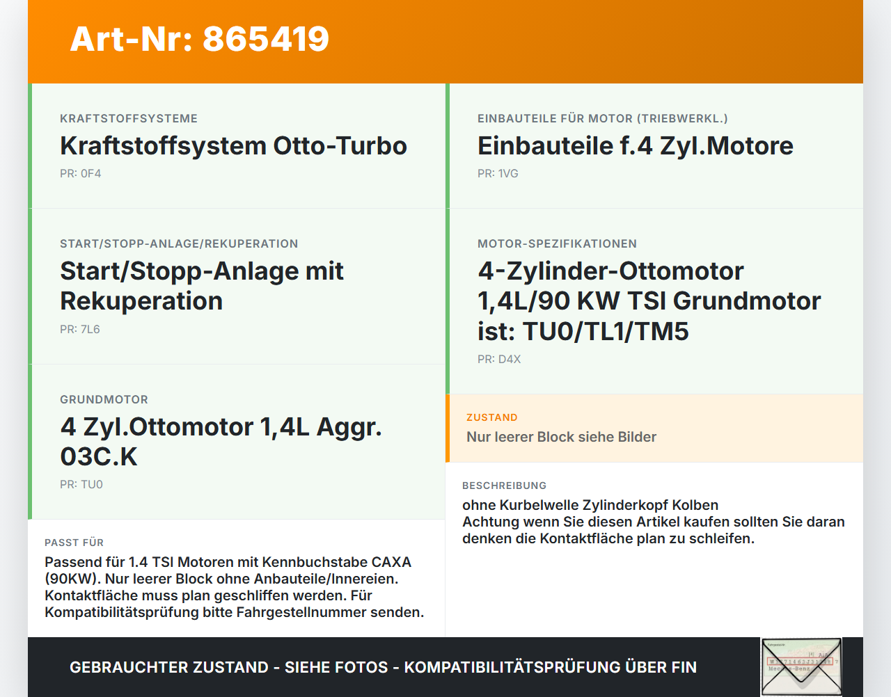 VW Tiguan I 5N 11-16 TSI 1,4 90KW CAXA Motorblock für Motor VW Tiguan I 5N 11-16 18.12.2014 03C103011AS gebraucht Vorschau 3