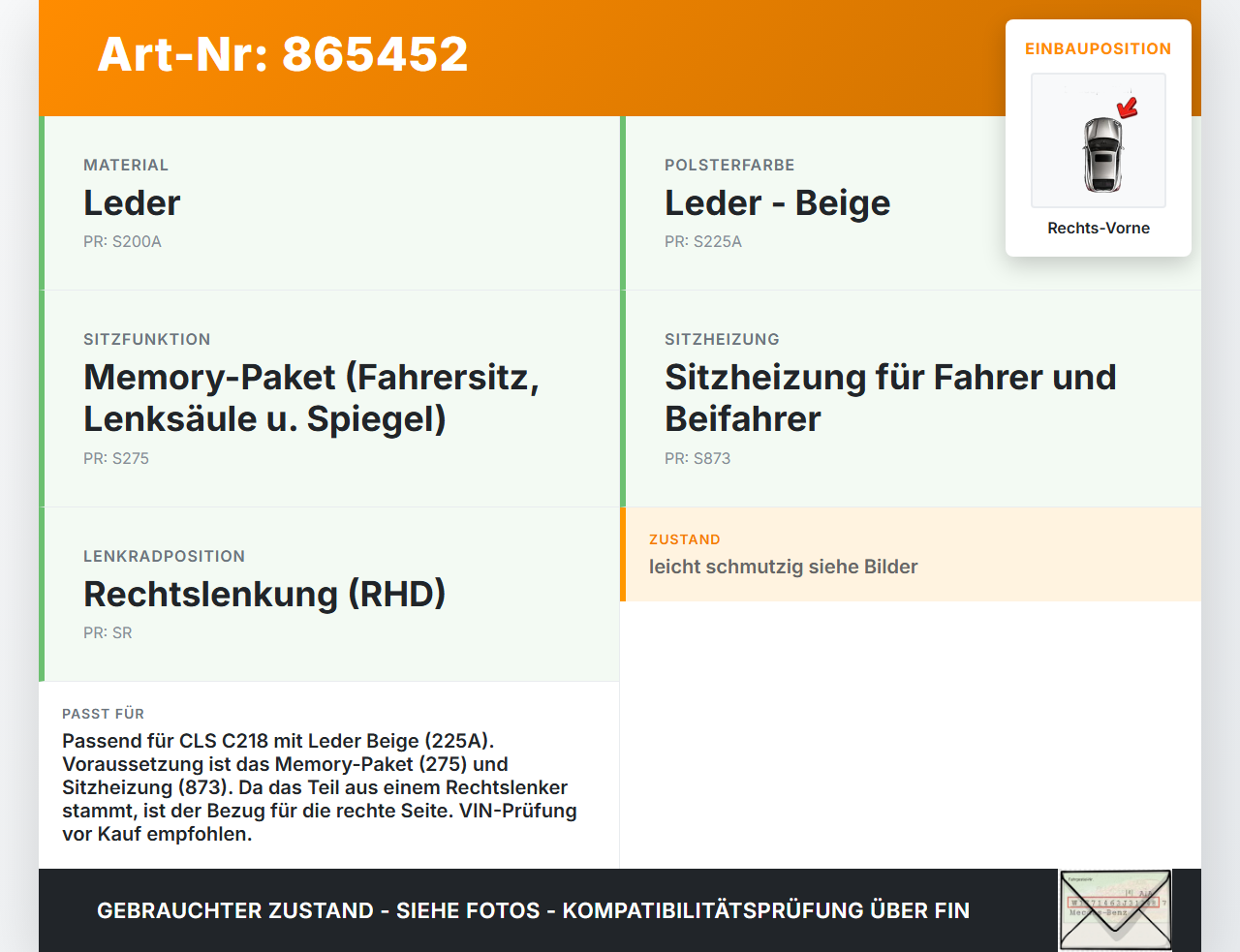 Mercedes CLS 250 C218 11-14 Kombi Sitzbezug Rückenpolster Rechts Vorne für Beifahrer Sitz SRS DESIGNO-PORCELLAIN... Vorschau 3