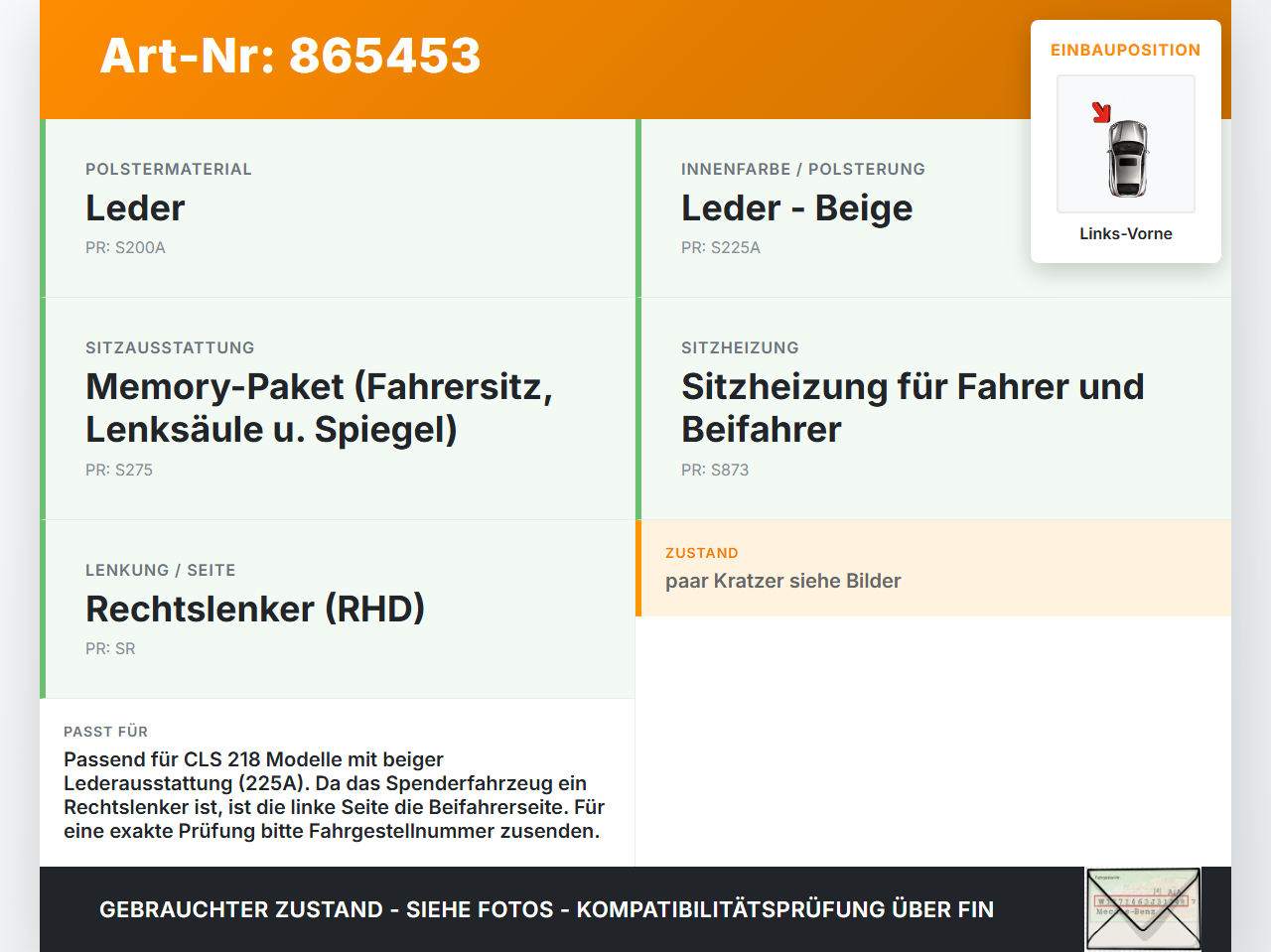 Mercedes CLS 250 C218 11-14 Rückenblende für Sitz Links Vorne Mercedes CLS 250 C218 11-14 18.11.2013 A2129100126... Vorschau 3