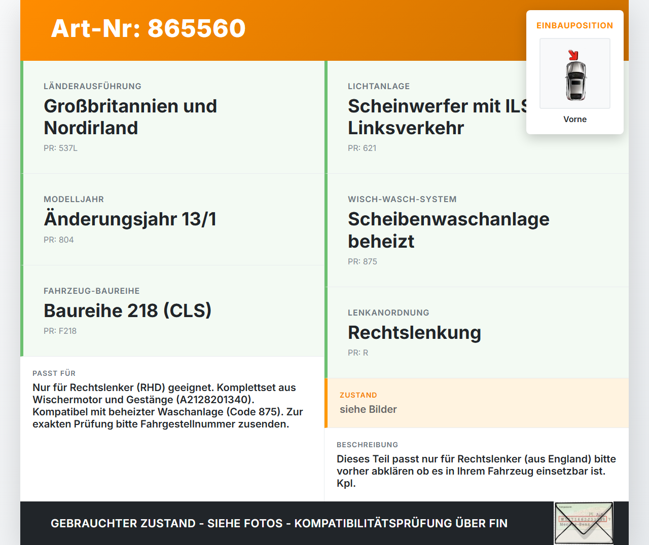 Mercedes CLS 250 C218 11-14 RHD Wischermotor m. Wischergestänge Vorne Mercedes CLS 250 C218 11-14 18.11.2013... Vorschau 3