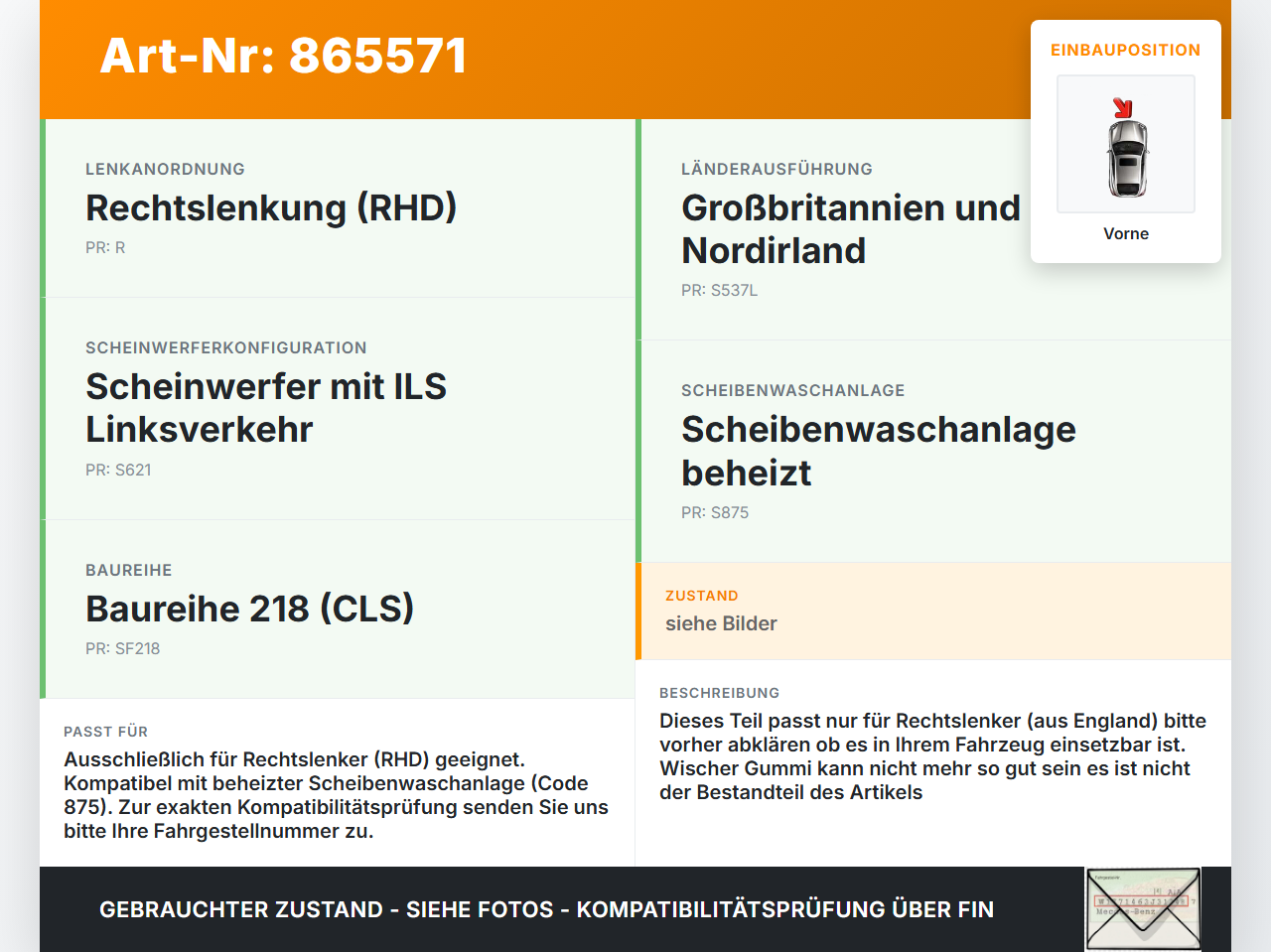 Mercedes CLS 250 C218 11-14 RHD 2x Scheibenwischer Wischarm Vorne Mercedes CLS 250 C218 11-14 18.11.2013... Vorschau 3