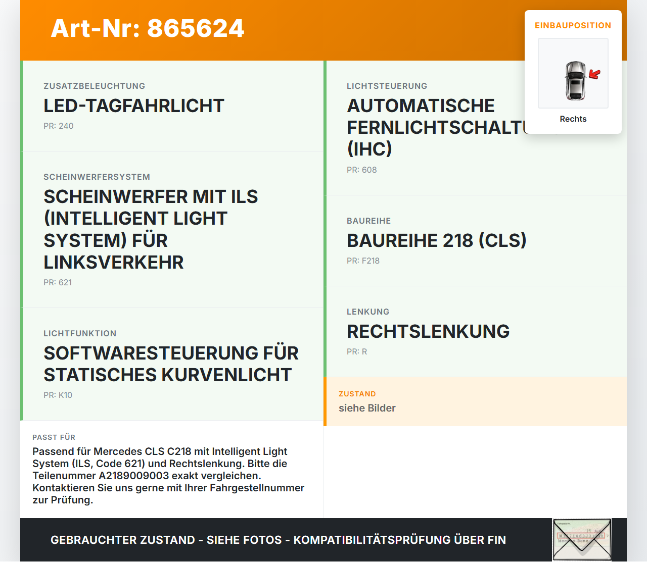 Mercedes CLS 250 C218 11-14 Ballast LAM-H Vorschaltgerät Rechts Mercedes CLS 250 C218 11-14 18.11.2013 A2189009003... Vorschau 3