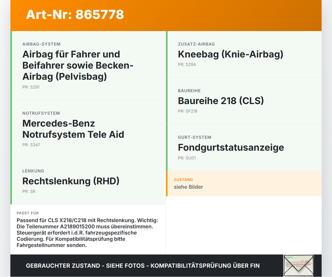 Mercedes CLS 250 C218 11-14 Airbag Steuergerät Airbagsteuergerät Mercedes CLS 250 C218 11-14 18.11.2013 A2189015200... Vorschau 3