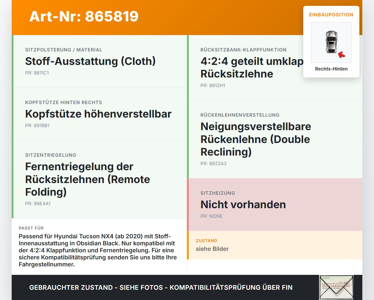 Hyundai Tucson IV NX4 20-24 Sitz Rechts Hinten Hyundai Tucson IV NX4 20-24 30.04.2021 gebraucht Vorschau 3